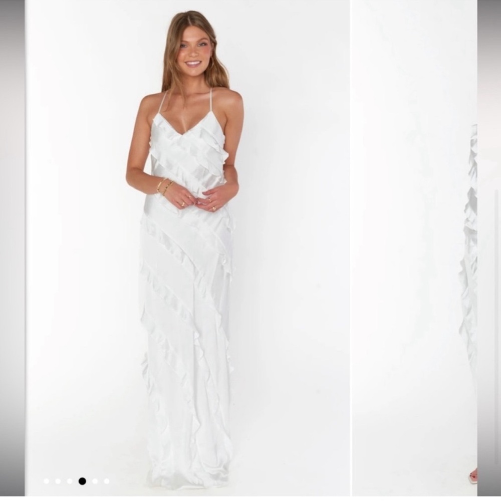 Show Me Your Mumu | Romance Ruffle Maxi Dress White Luxe Satin XS